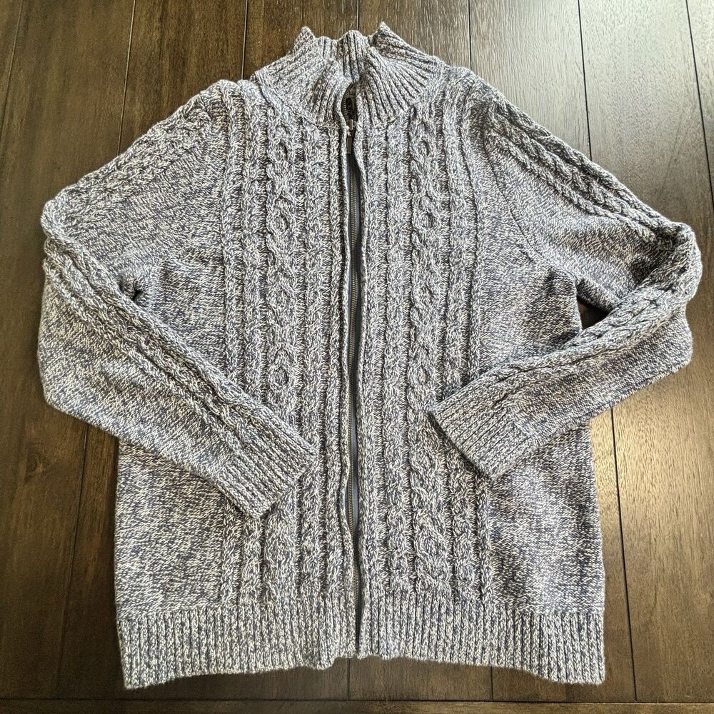 LL Bean Womens 1X Cable Knit Cotton Sweater Jacket Full Zip Blue L/S Cottage